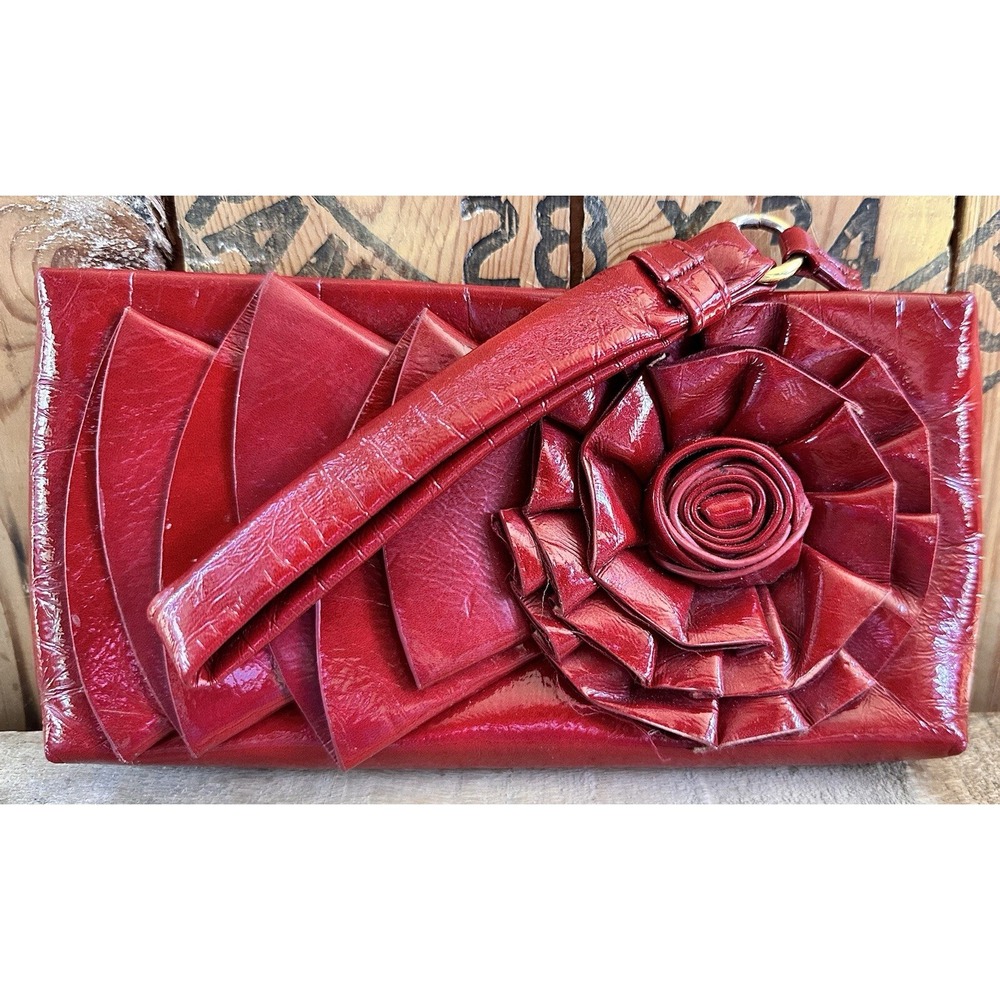 Big Buddha Wristlet Clutch Purse Formal Shiny Patent Red Leather